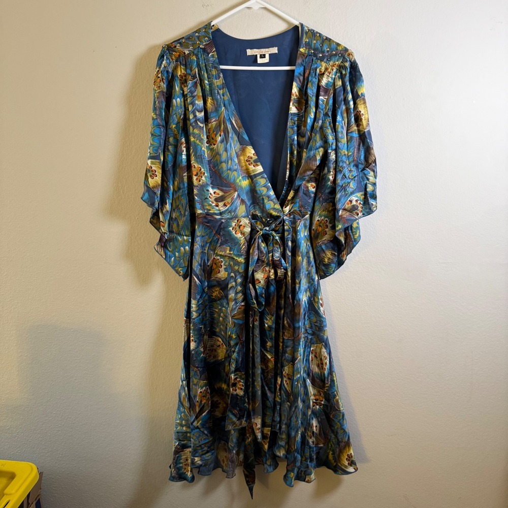 Single Dress 100% Silk Peacock Feather Print Wrap Dress Studded Blue Green L